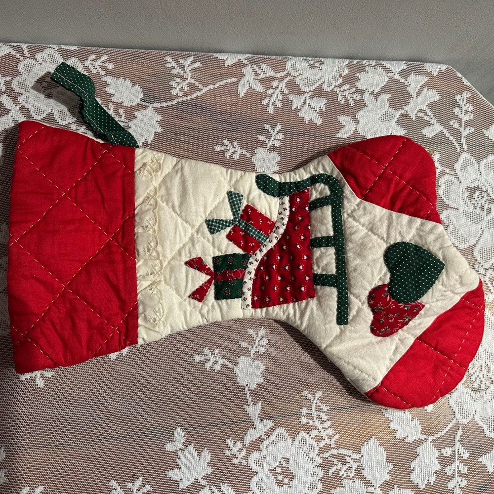 Vintage Handmade Quilted Christmas Stocking Festive Presents Design Cottagecore